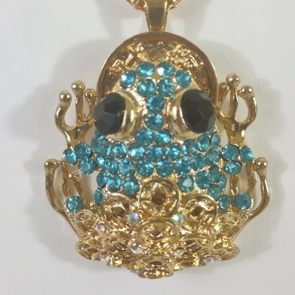 Frog aqua blue rhinestone necklace 28-30 inches gold tone